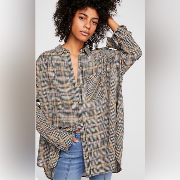 Free People Tops - Free People Break My Stride oversized black plaid button up size XS